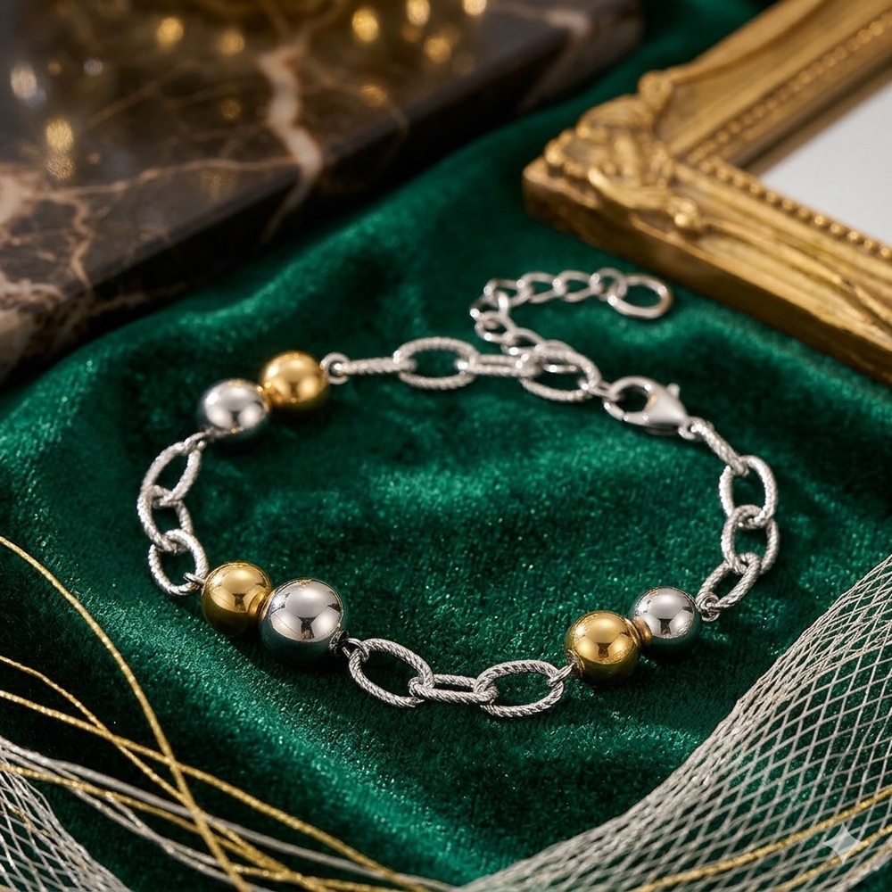 Two-Tone Gold & Silver Bead Link Bracelet - Women Jewelry